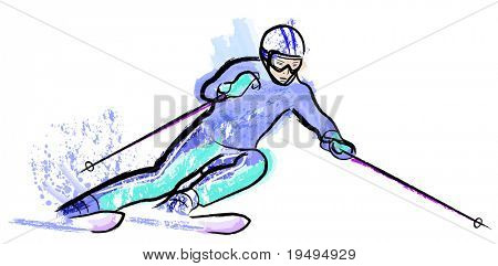 Vector illustration of skier in dry chalk charcoal pencil and watercolor technique