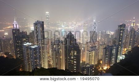 Skyline di distretto centrale di Hong Kong di notte (fotografia di grande formato)