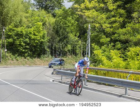 Bourgoin-Jallieu France - 07 May 2017: The Italian cyclist Jacopo Guarnieri of FDJ Team riding during the time trial stage 4 of Criterium du Dauphine 2017.