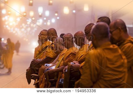 MAEHONGSON THAILAND - JAN 222017 : thai buddhist monk morning daily food receive in maehongson townmaehongson province most popular winter traveling destination in northern of thailand