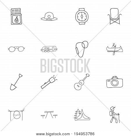 Set Of 16 Editable Trip Icons. Includes Symbols Such As Flashlight, Flammable Stick, Wrist Clock And More. Can Be Used For Web, Mobile, UI And Infographic Design.