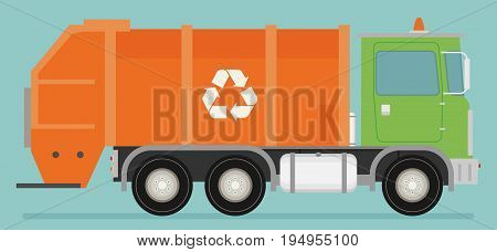 Orange garbage truck transportation. Flat vector icon vector for design