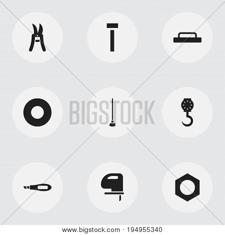 Set Of 9 Editable Apparatus Icons. Includes Symbols Such As Internal Screw, Pruning Shears, Knife Box And More. Can Be Used For Web, Mobile, UI And Infographic Design.