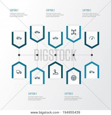 Automobile Outline Icons Set. Collection Of Stick, Rudder, Bonnet And Other Elements. Also Includes Symbols Such As Truck, Counter, Speedometer.