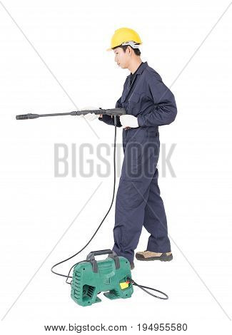 Young Man Stand And Holding High Pressure Water Gun