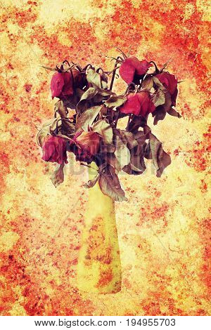Wither rose died rose in vase on grungy vintage background.