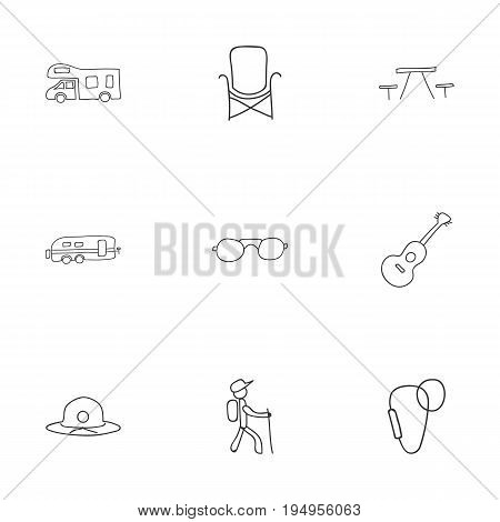 Set Of 9 Editable Camping Icons. Includes Symbols Such As Musical Instrument, Hiker, Seat And More. Can Be Used For Web, Mobile, UI And Infographic Design.