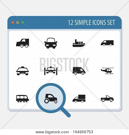 Set Of 12 Editable Transport Icons. Includes Symbols Such As Drophead Coupe, Chopper, Ship And More. Can Be Used For Web, Mobile, UI And Infographic Design.