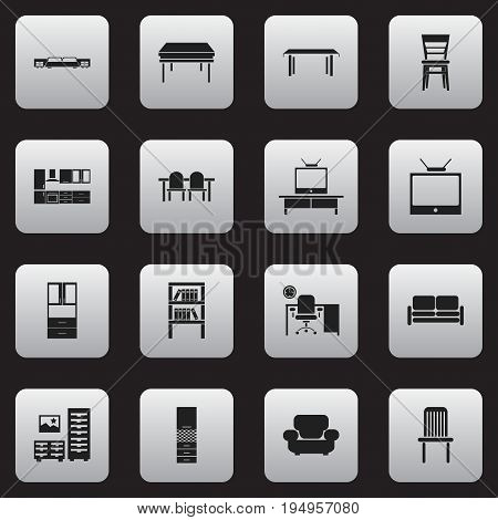 Set Of 16 Editable Furniture Icons. Includes Symbols Such As Trestle, Seat, Office And More. Can Be Used For Web, Mobile, UI And Infographic Design.
