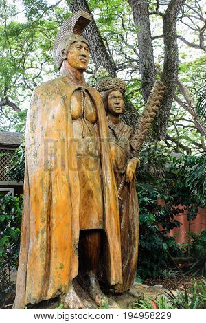 Honolulu Hawaii USA - May 29 2016: Harry and Mary Lake Statue at Tropical Farms Macadamia Nut Outlet