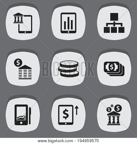 Set Of 9 Editable Financial Icons. Includes Symbols Such As Hierarchy, Cash Growth, Mobile And More. Can Be Used For Web, Mobile, UI And Infographic Design.
