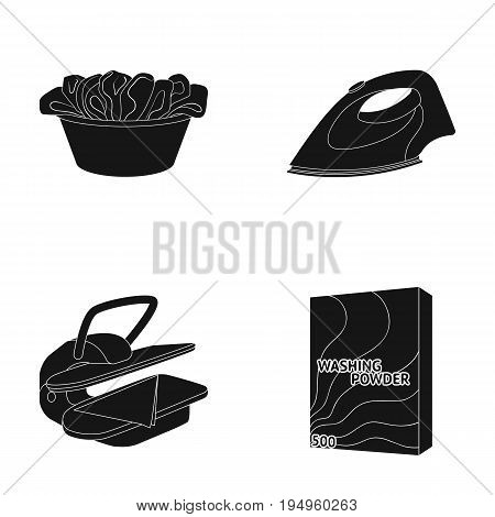 A bowl with laundry, iron, ironing press, washing powder. Dry cleaning set collection icons in black style vector symbol stock illustration .