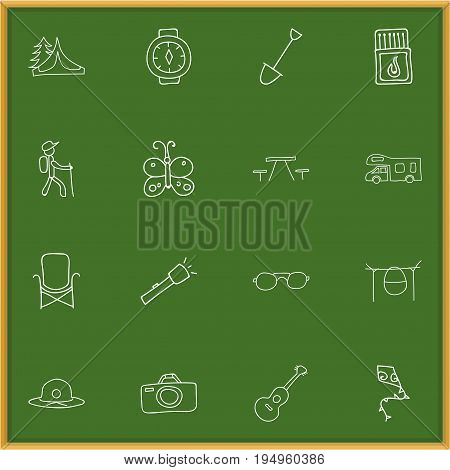 Set Of 16 Editable Camping Icons. Includes Symbols Such As Picnic, Eyeglasses, Caravan And More. Can Be Used For Web, Mobile, UI And Infographic Design.
