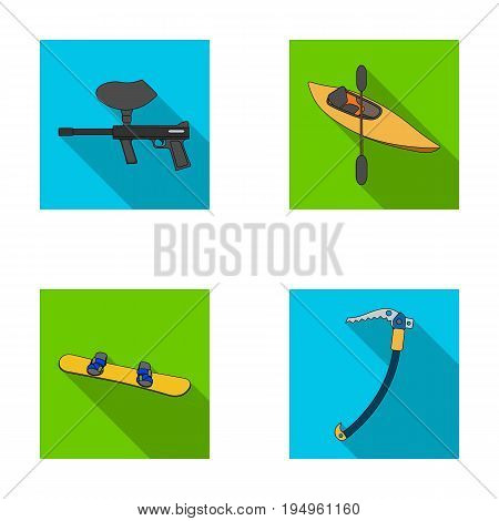 Paintball marker, kayak with a paddle, snowboard and climbing ice ax.Extreme sport set collection icons in flat style vector symbol stock illustration .