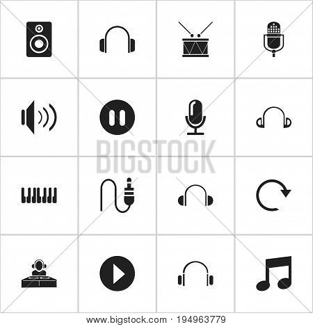 Set Of 16 Editable Media Icons. Includes Symbols Such As Refresh, Earphone, Microphone And More. Can Be Used For Web, Mobile, UI And Infographic Design.