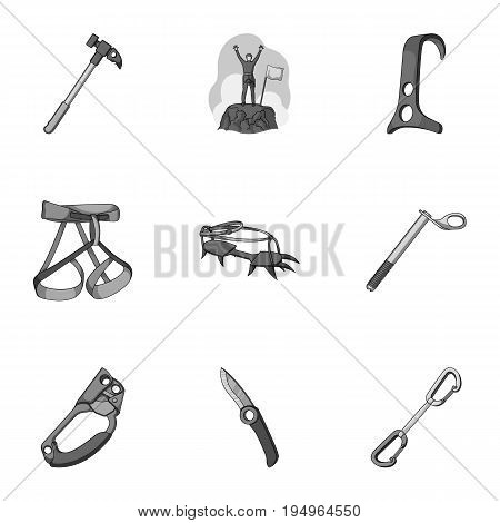 Ice ax, conquered top, mountains in the clouds and other equipment for mountaineering.Mountaineering set collection icons in monochrome style vector symbol stock illustration .