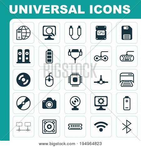 Hardware Icons Set. Collection Of Dynamic Memory, Battery, Printed Document And Other Elements. Also Includes Symbols Such As Dvd, Keyboard, Save.