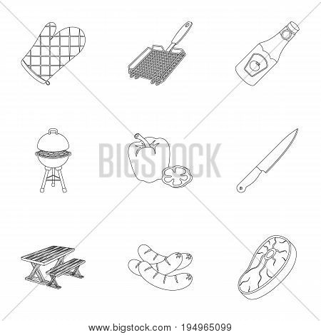 Meat, steak, firewood, grill, table and other accessories for barbecue.BBQ set collection icons in outline style vector symbol stock illustration .