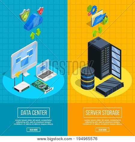 Set of two vertical datacenter banners with isometric client and server side equipment images vector illustration