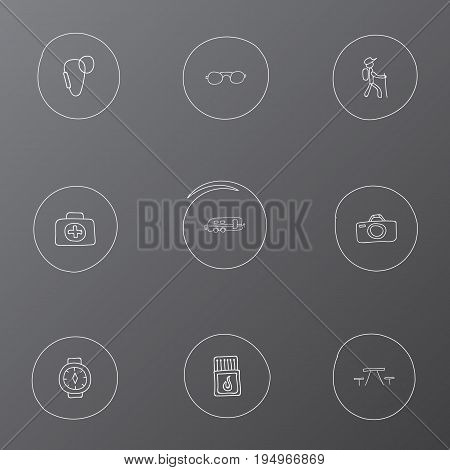 Set Of 9 Editable Trip Icons. Includes Symbols Such As Hiker, Photographing, Carabine And More. Can Be Used For Web, Mobile, UI And Infographic Design.