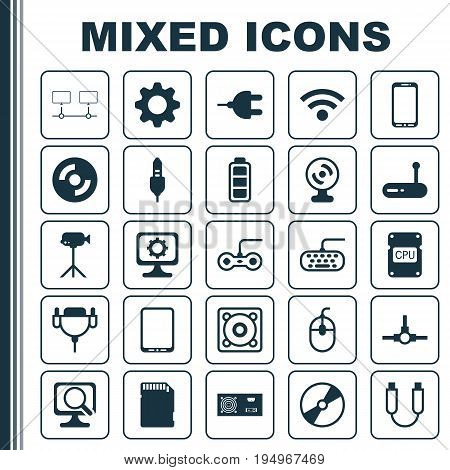 Computer Icons Set. Collection Of Joystick, Connector, Portable Memory And Other Elements. Also Includes Symbols Such As Cursor, Modem, Chip.