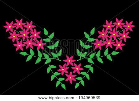 Embroidery stitches imitation ethnic floral pattern with brunch with flower. Vector embroidery neck line folk flowers ornament on black background.