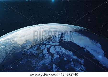 3D Rendering Planet earth from the space at night. The World Globe from Space in a star field showing the terrain and clouds Elements of this image furnished by NASA
