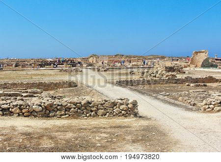PAPHOS - JUNE 30, 2017: Panorama of House of Theseus in archaeological park. Kato Paphos, Cyprus.