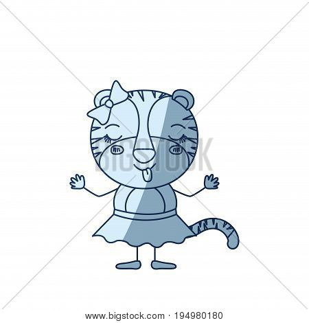 blue color shading silhouette caricature of cute female tigress in skirt with bow lace with disgust expression and sticking out tongue vector illustration