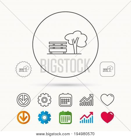 Public park icon. Tree with bench sign. Calendar, Graph chart and Cogwheel signs. Download and Heart love linear web icons. Vector