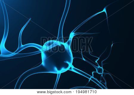 Conceptual illustration of neuron cells with glowing link knots. Synapse and Neuron cells sending electrical chemical signals. Neuron of Interconnected neurons with electrical pulses. 3D rendering