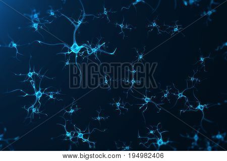 Conceptual illustration of neuron cells with glowing link knots. Synapse and Neuron cells sending electrical chemical signals. Neuron of Interconnected neurons with electrical pulses. 3D rendering