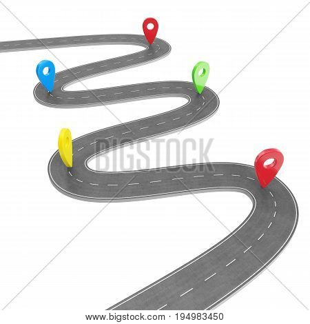 Road infographic with pin pointer. Navigation concept with pin pointer. Map marker pointer on road map. Cartography mapping. Street road map for business infographics design. 3D rendering