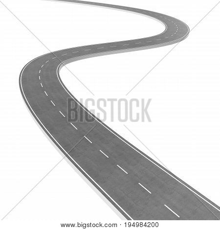 Winding Road isolated on White Background. Road way location infographic template. Two-way road bending on a white background. Asphalt road with turns. 3D rendering