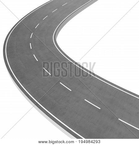 Winding Road isolated on White Background. Road way location infographic template. Two-way road bending on a white background. Asphalt road with turns. 3D rendering