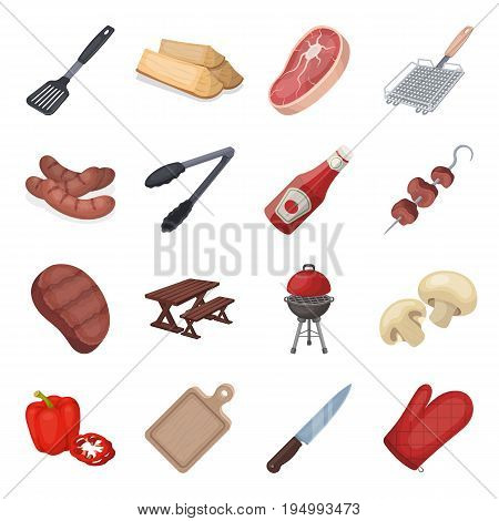 Meat, steak, firewood, grill, table and other accessories for barbecue.BBQ set collection icons in cartoon style vector symbol stock illustration .
