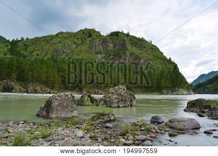 Rocks on Katun river in Altay mountains. Chemal Altay Republic Siberia Russia.