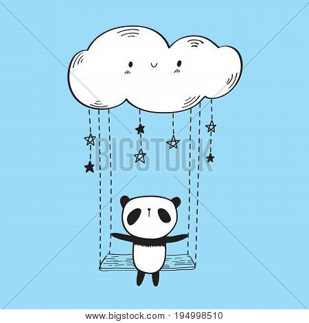 Greeting card with cute panda on the swing. Hand drawn illustration for your design. Blue background. Vector.