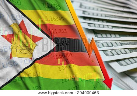 Zimbabwe Flag And Chart Falling Us Dollar Position With A Fan Of Dollar Bills