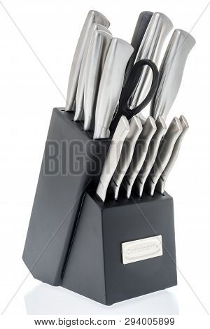 Winneconne, Wi -  7 April 2019: A Block Of Cuisinart Classic Collection Stainless Steel Cutlery On A