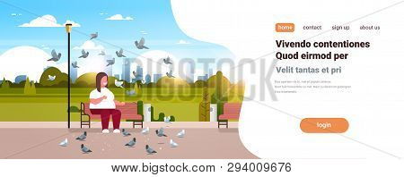 Fat Obese Man Feeding Flock Of Pigeon Overweight Guy Relaxing City Urban Park Over Size Smiling Char