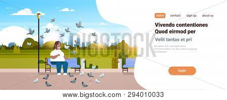 Fat Obese Woman Feeding Flock Of Pigeon African American Overweight Girl Relaxing City Urban Park Ov