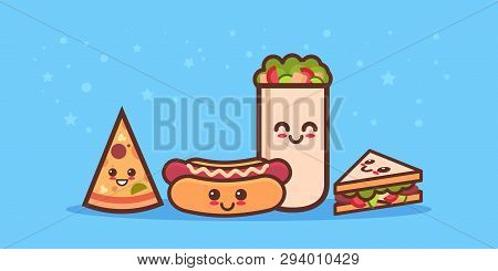 Cute Sandwich Pizza Hot Dog And Shaverma Fast Food Set Cartoon Comic Characters With Smiling Faces T