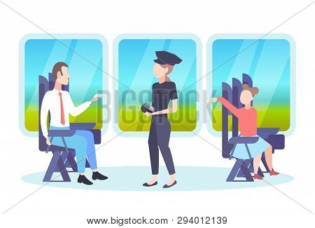 Inspector Woman Checking Tickets Of Passengers Sitting In Train Compartment Ticket Validation Concep