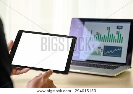 Man  Hands Multitasking Man Using Tablet Close Up Close Up Working In Office