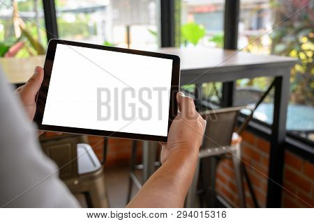 Businessman Hand Working On Tablet On Wooden Desk Tablet With Blank Screen Mockup Digital Tablet Com