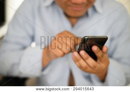 Manhands Using A Smartphone Text Work Digital And Communication Concept