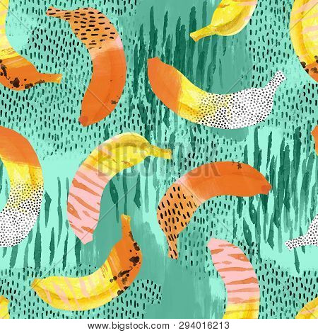Abstract Bananas Print In Memphis, Pop Art Style Background. Trendy Seamless Pattern Of Tropical Fru