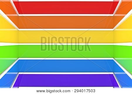 3d Rendering. Lgbt Rainbow Color Bar Pattern Coner Room Wall Background.