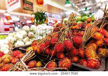 Healthy Fruits Rambutans Background, Red Healthy Fruits Rambutans, Rambutans In A Supermarket Local 